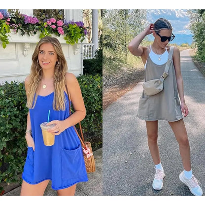 🏖️BULESHOT® | 2026 Women's Summer Sleeveless Mini Dress with Built-in Shorts V Neck Spaghetti Straps Athletic Shorts Tennis Dress with Pockets