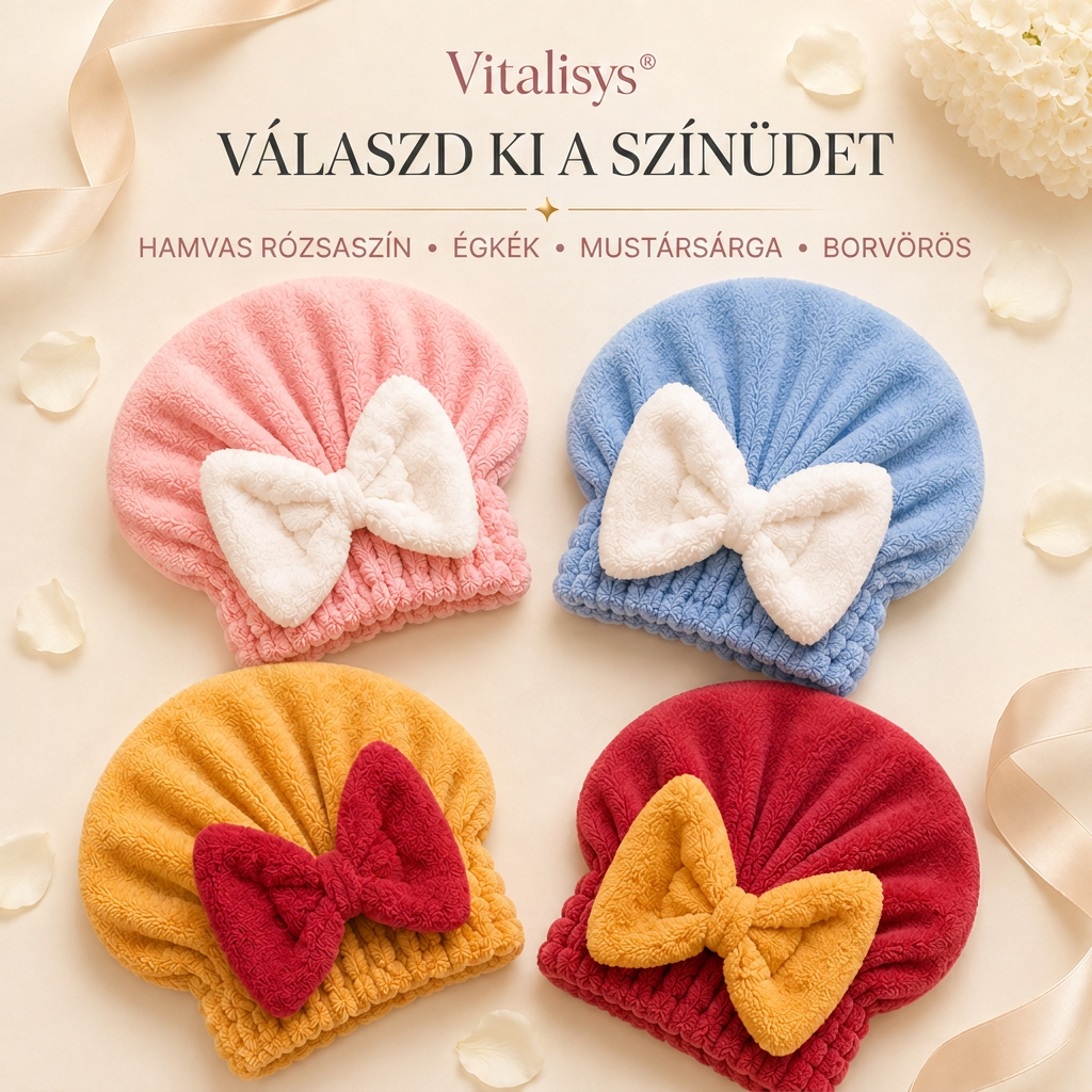 Vitalisys® Gyorsan száradó mikroszálas hajszárító sapka masnival – Nedvességszívó hajtörölköző a mindennapi rutinhoz és utazáshoz 🎀