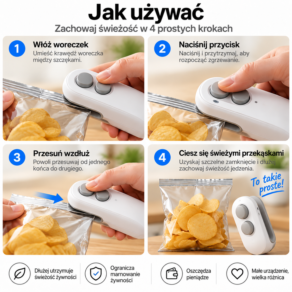 Vitalisys® Hordozható újratölthető tasaklezáró – 2 az 1-ben USB-C mini lezáró és vágó eszköz 💎