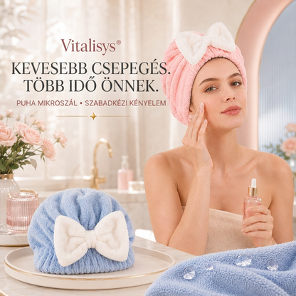 Vitalisys® Gyorsan száradó mikroszálas hajszárító sapka masnival – Nedvességszívó hajtörölköző a mindennapi rutinhoz és utazáshoz 🎀