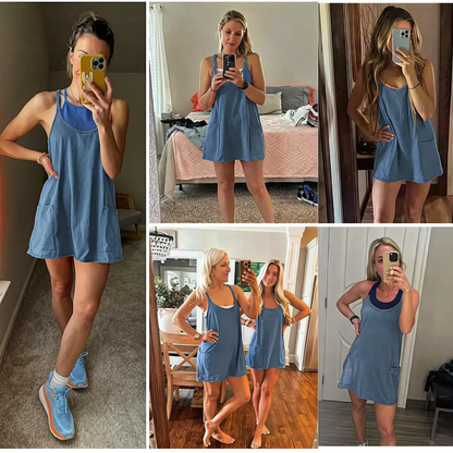 🏖️BULESHOT® | 2026 Women's Summer Sleeveless Mini Dress with Built-in Shorts V Neck Spaghetti Straps Athletic Shorts Tennis Dress with Pockets