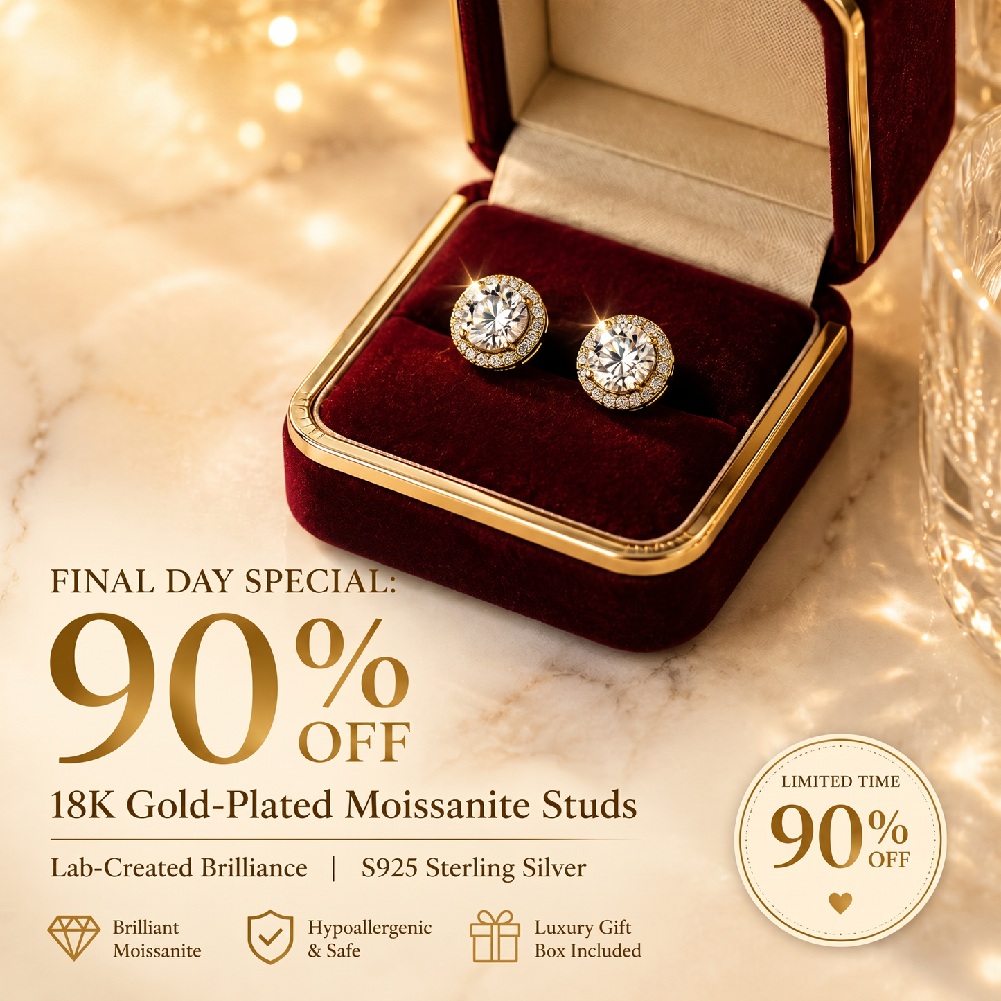 💎 18k Gold-Plated Halo Stud EarringsLab-Created Moissanite Earring S925 SterlingSilver Moissanite Jewelry Perfect BirthdayMother's Day Christmas Gift for Men WomenWedding Set