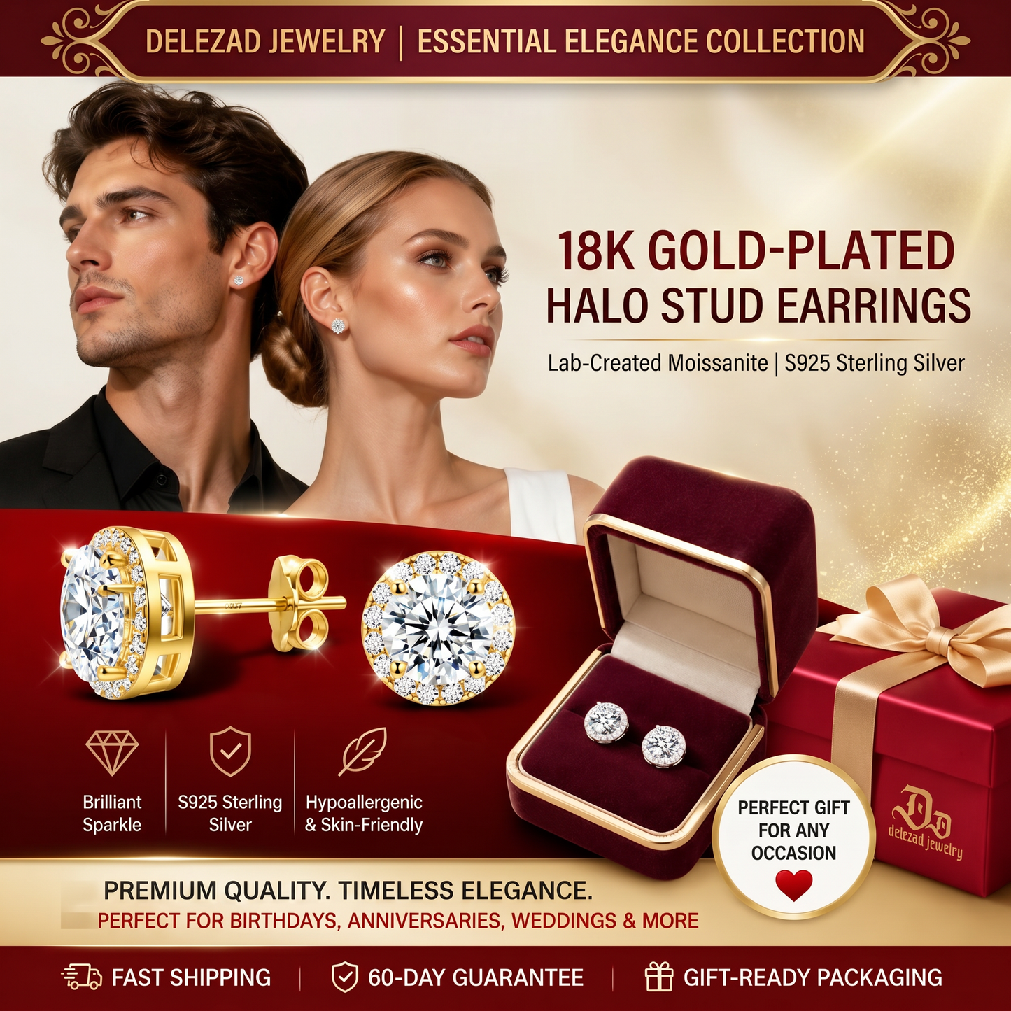 💎 18k Gold-Plated Halo Stud EarringsLab-Created Moissanite Earring S925 SterlingSilver Moissanite Jewelry Perfect BirthdayMother's Day Christmas Gift for Men WomenWedding Set