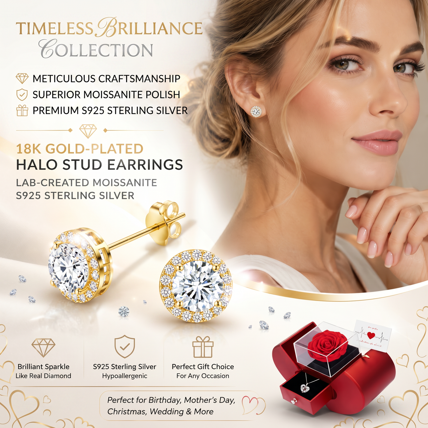 💎 18k Gold-Plated Halo Stud EarringsLab-Created Moissanite Earring S925 SterlingSilver Moissanite Jewelry Perfect BirthdayMother's Day Christmas Gift for Men WomenWedding Set