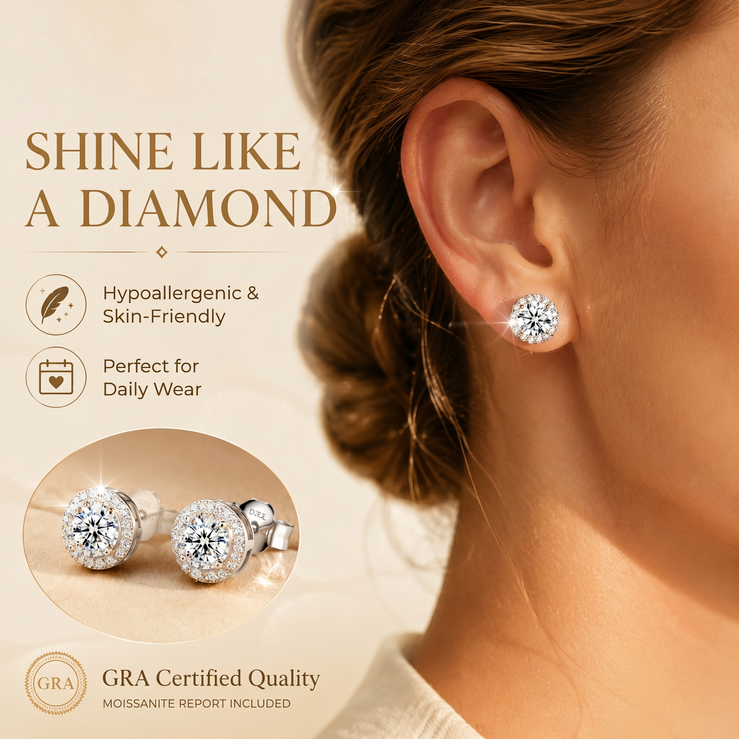 💎 18k Gold-Plated Halo Stud EarringsLab-Created Moissanite Earring S925 SterlingSilver Moissanite Jewelry Perfect BirthdayMother's Day Christmas Gift for Men WomenWedding Set