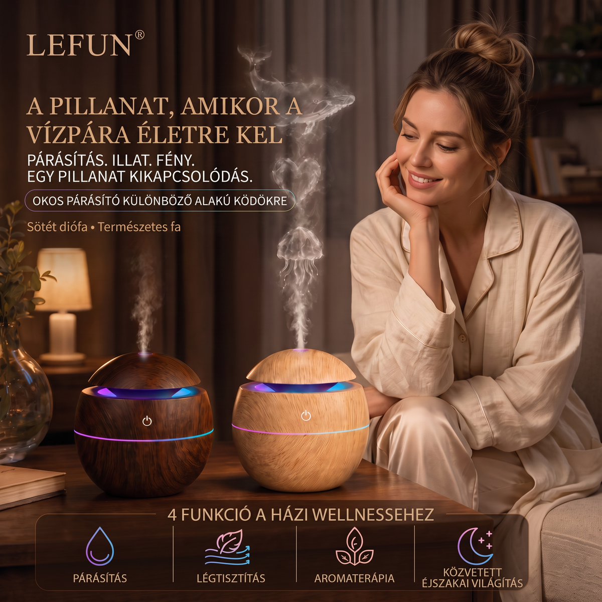 LEFUN® Okos alakformáló párásító és aroma diffúzor 🌈 – Faerezet mintázat medúza effektekkel és RGB világítással 💎