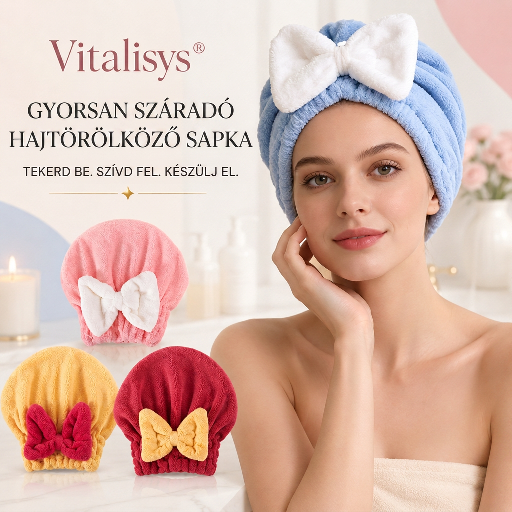 Vitalisys® Gyorsan száradó mikroszálas hajszárító sapka masnival – Nedvességszívó hajtörölköző a mindennapi rutinhoz és utazáshoz 🎀