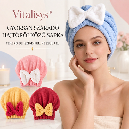 Vitalisys® Gyorsan száradó mikroszálas hajszárító sapka masnival – Nedvességszívó hajtörölköző a mindennapi rutinhoz és utazáshoz 🎀