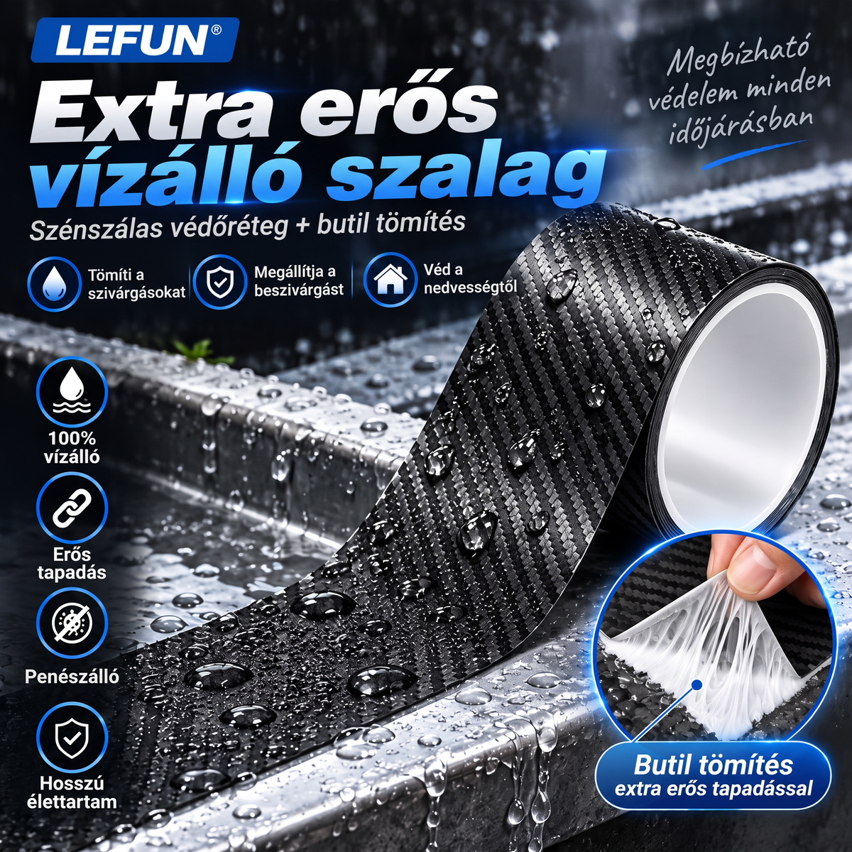 LEFUN® 💧 Extra erős, vízálló szalag – Karbon védőréteg + butil tömítés szivárgás és nedvesség ellen