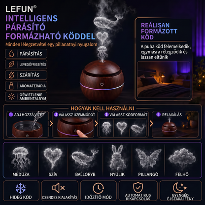 LEFUN® Okos alakformáló párásító és aroma diffúzor 🌈 – Faerezet mintázat medúza effektekkel és RGB világítással 💎