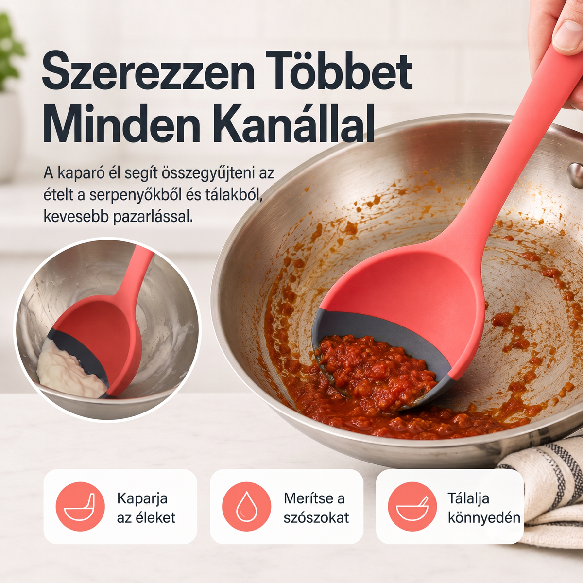 🥄 2 az 1-ben szilikon adagolókanál és spatula – Többcélú főző- és tálalóeszköz ✨