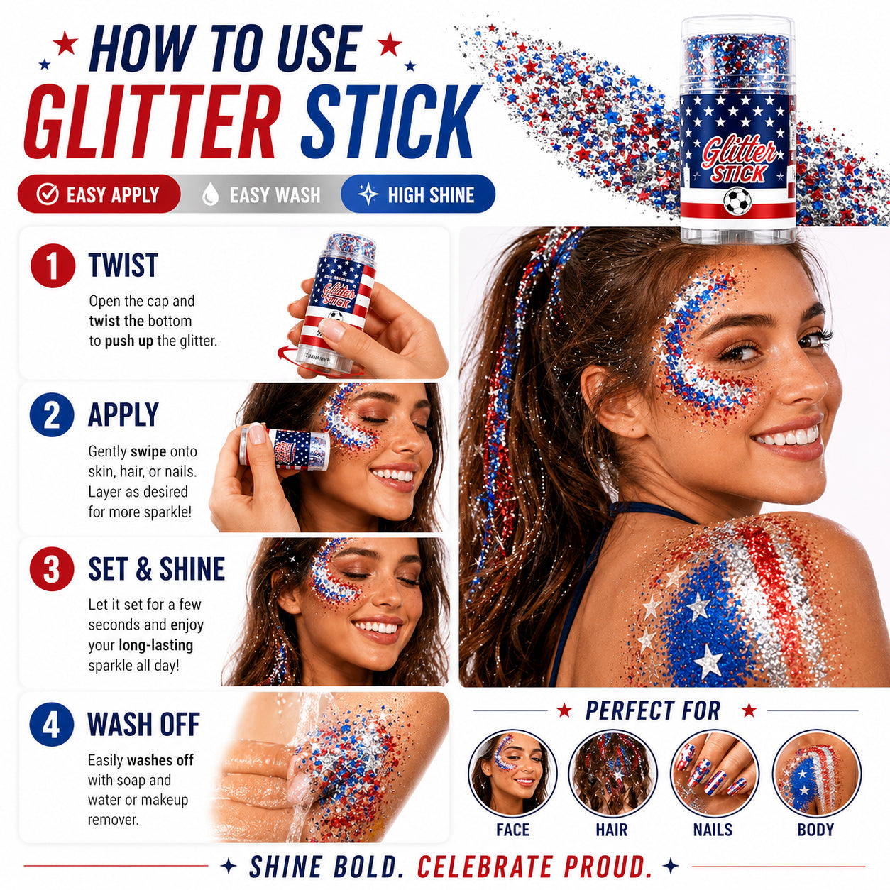 🔥 Last Day: 80% Off 🎈TIMNAMY® No-Glue Patriotic Glitter Stick | Waterproof Long-Lasting Glitter for Face, Hair & Body 🗽