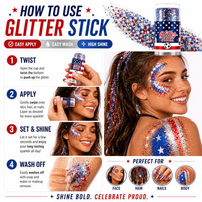 🔥 Last Day: 80% Off 🎈TIMNAMY® No-Glue Patriotic Glitter Stick | Waterproof Long-Lasting Glitter for Face, Hair & Body 🗽