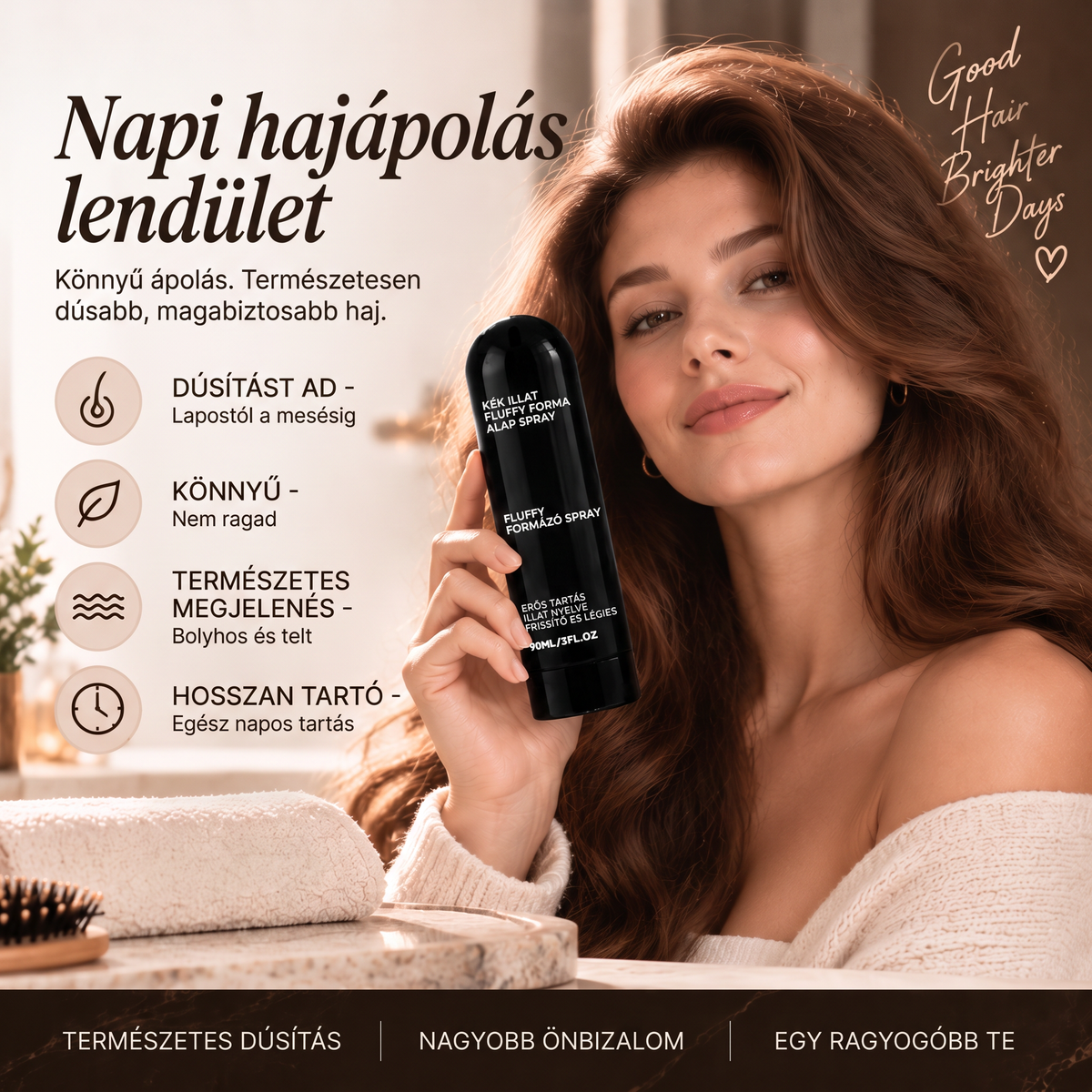 Vitalisys® Fluffy Hair formázó hajspray – Könnyű dúsító köd a hajtövek emeléséhez és a természetes mozgáshoz őszibarack illattal 💖