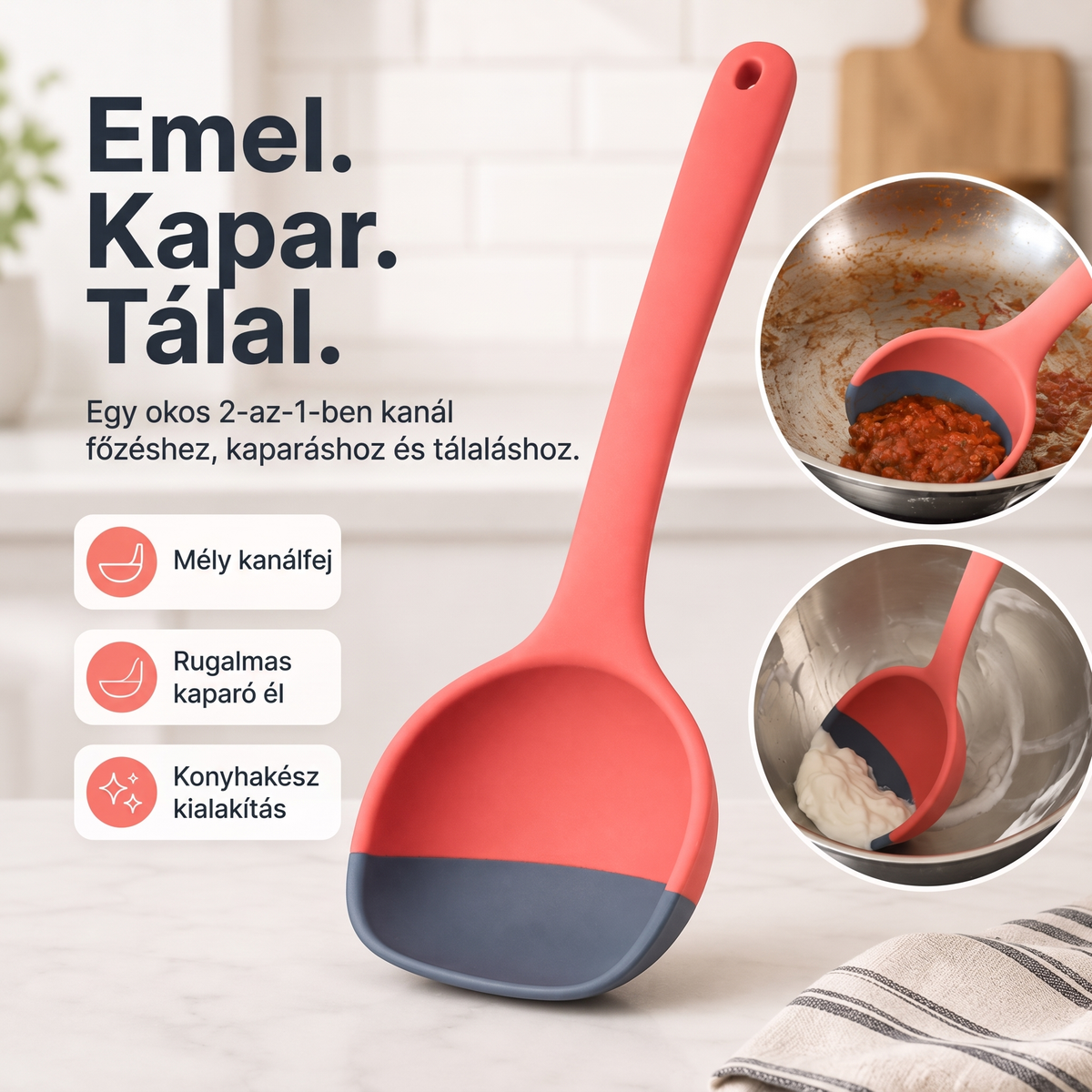 🥄 2 az 1-ben szilikon adagolókanál és spatula – Többcélú főző- és tálalóeszköz ✨