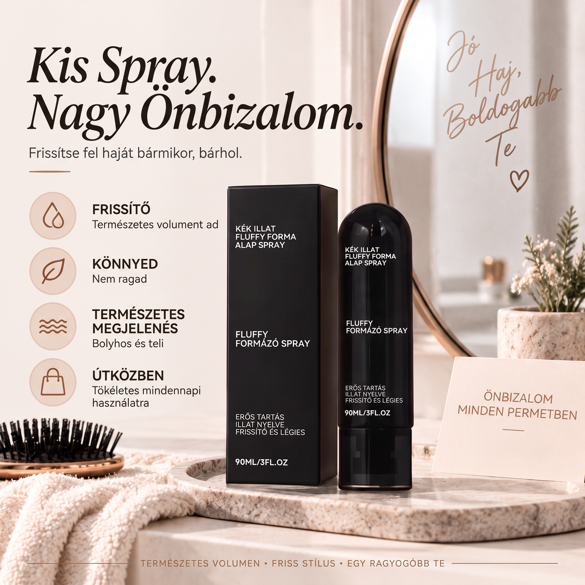 Vitalisys® Fluffy Hair formázó hajspray – Könnyű dúsító köd a hajtövek emeléséhez és a természetes mozgáshoz őszibarack illattal 💖