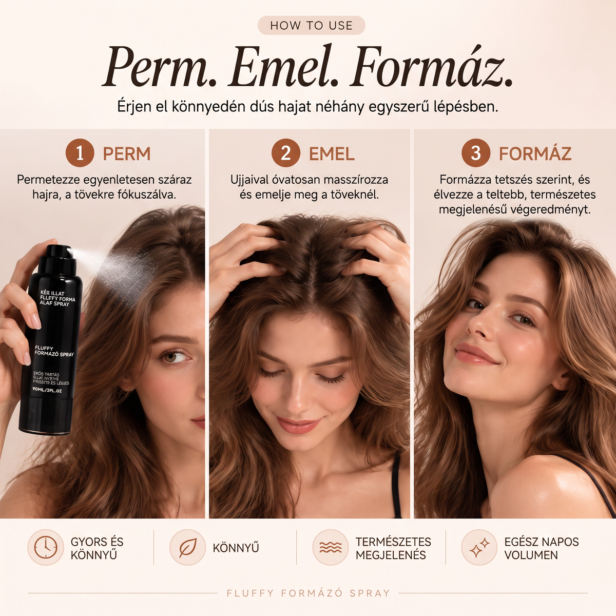 Vitalisys® Fluffy Hair formázó hajspray – Könnyű dúsító köd a hajtövek emeléséhez és a természetes mozgáshoz őszibarack illattal 💖