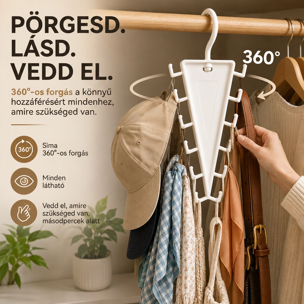 👚 12 kampós forgatható szekrényszervező – Takarítson meg helyet és tartsa rendszerezetten kiegészítőit 💖