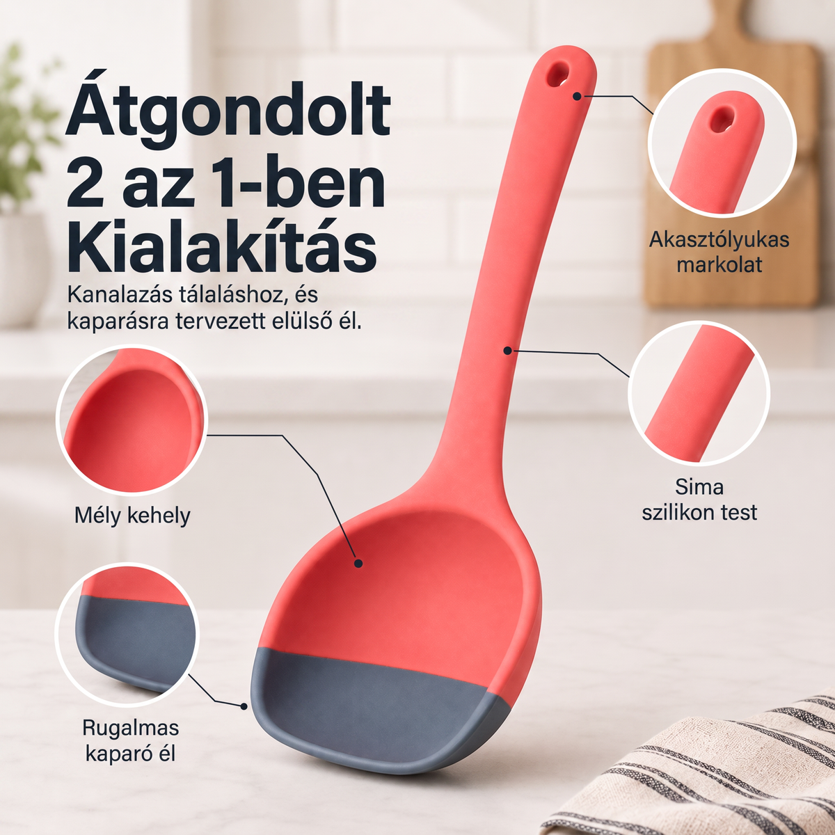 🥄 2 az 1-ben szilikon adagolókanál és spatula – Többcélú főző- és tálalóeszköz ✨