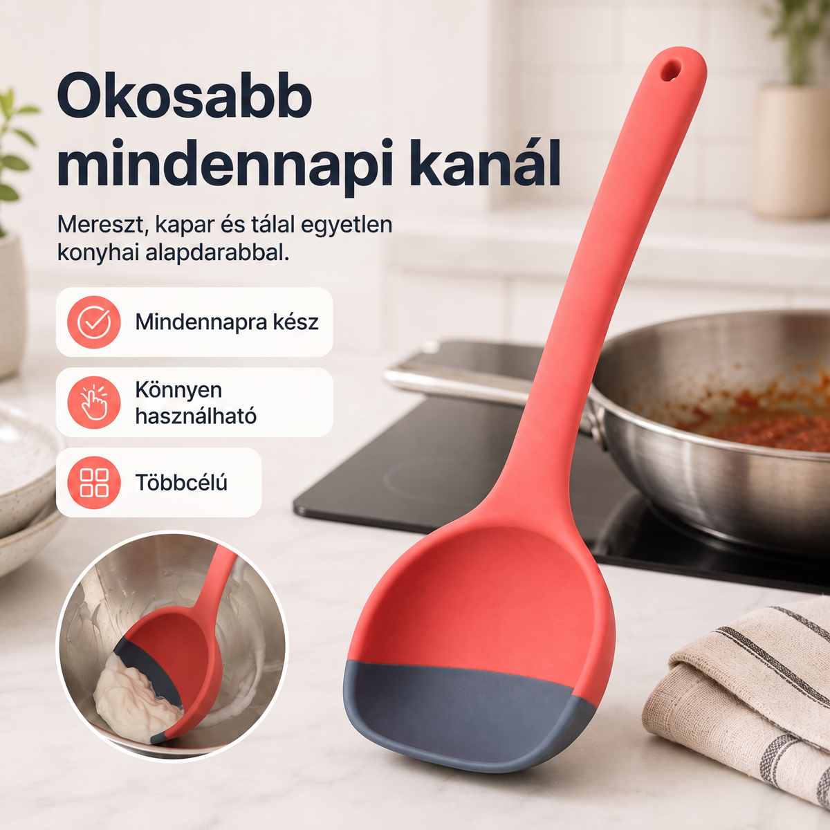 🥄 2 az 1-ben szilikon adagolókanál és spatula – Többcélú főző- és tálalóeszköz ✨