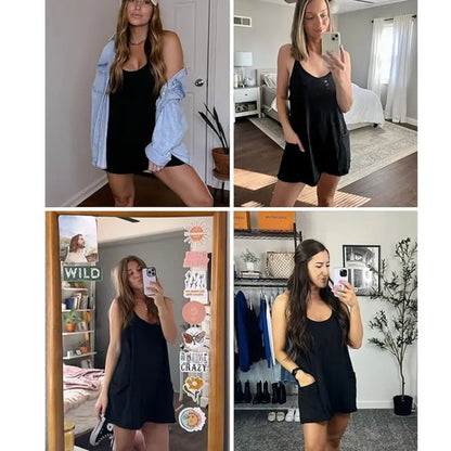 🏖️BULESHOT® | 2026 Women's Summer Sleeveless Mini Dress with Built-in Shorts V Neck Spaghetti Straps Athletic Shorts Tennis Dress with Pockets