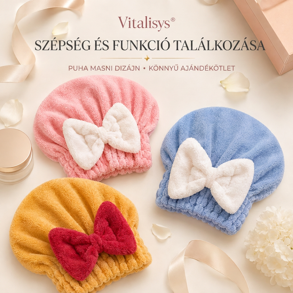 Vitalisys® Gyorsan száradó mikroszálas hajszárító sapka masnival – Nedvességszívó hajtörölköző a mindennapi rutinhoz és utazáshoz 🎀