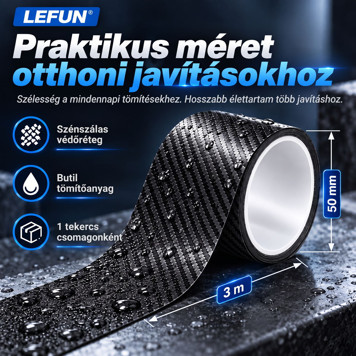LEFUN® 💧 Extra erős, vízálló szalag – Karbon védőréteg + butil tömítés szivárgás és nedvesség ellen