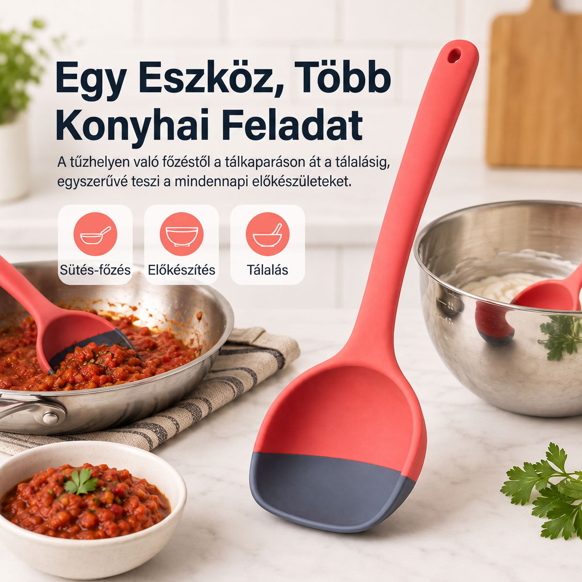 🥄 2 az 1-ben szilikon adagolókanál és spatula – Többcélú főző- és tálalóeszköz ✨