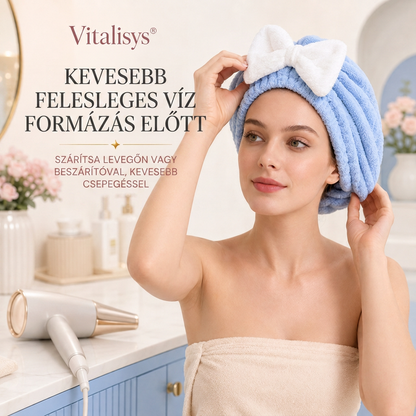 Vitalisys® Gyorsan száradó mikroszálas hajszárító sapka masnival – Nedvességszívó hajtörölköző a mindennapi rutinhoz és utazáshoz 🎀