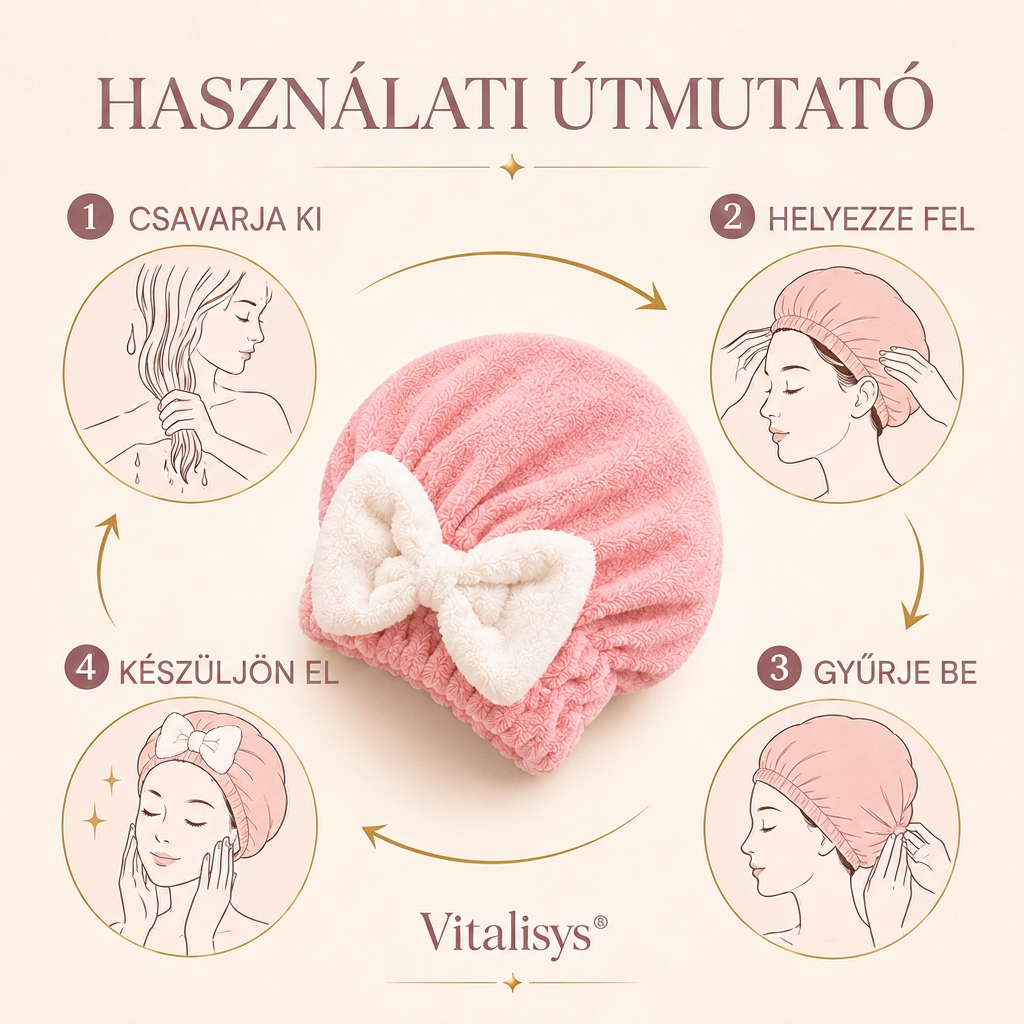 Vitalisys® Gyorsan száradó mikroszálas hajszárító sapka masnival – Nedvességszívó hajtörölköző a mindennapi rutinhoz és utazáshoz 🎀