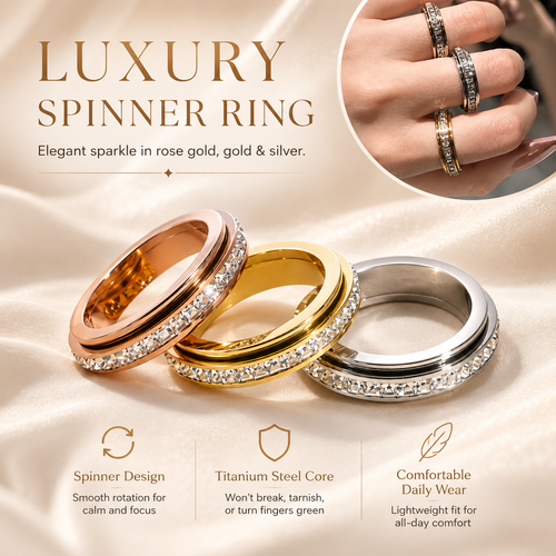 LAST DAY 50% OFF🥇Glowche Anxiety Ring - Titanium Steel Spinner Fidget Band Rings with Cubic Zirconia, Designed to Relieve Anxiety