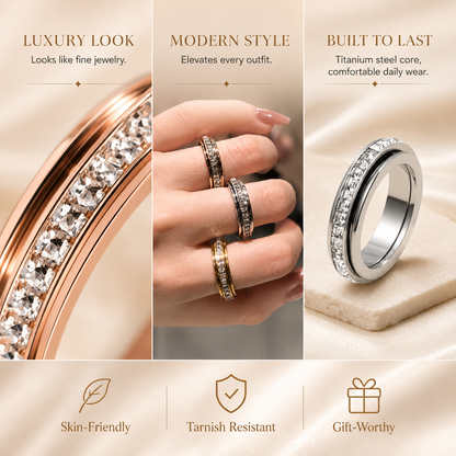 LAST DAY 50% OFF🥇Glowche Anxiety Ring - Titanium Steel Spinner Fidget Band Rings with Cubic Zirconia, Designed to Relieve Anxiety
