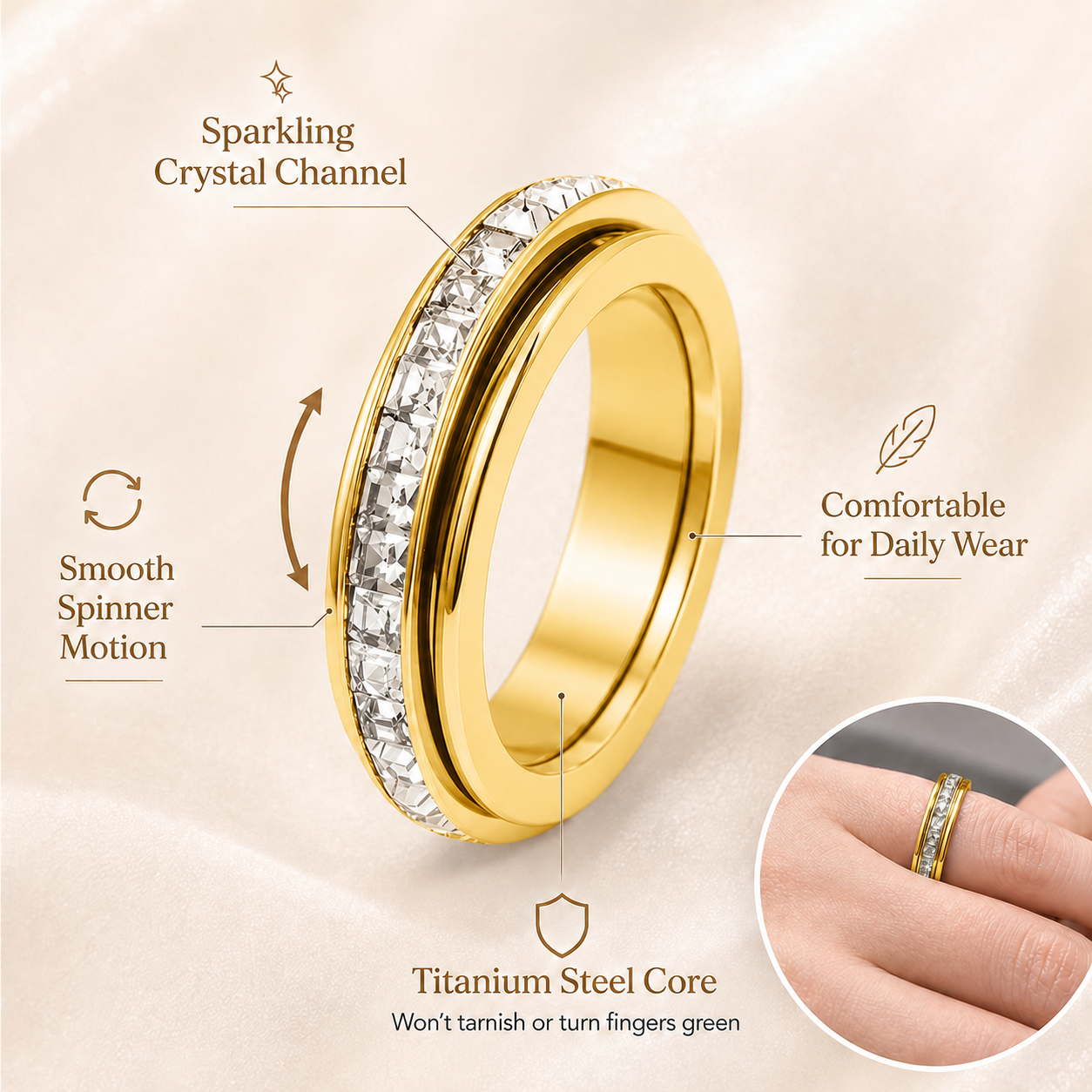 LAST DAY 50% OFF🥇Glowche Anxiety Ring - Titanium Steel Spinner Fidget Band Rings with Cubic Zirconia, Designed to Relieve Anxiety
