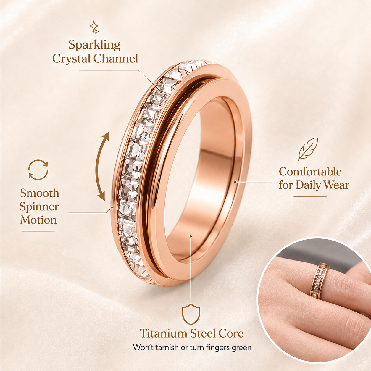 LAST DAY 50% OFF🥇Glowche Anxiety Ring - Titanium Steel Spinner Fidget Band Rings with Cubic Zirconia, Designed to Relieve Anxiety