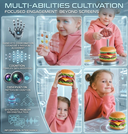 Kids Wooden Play Food Burger Set - Fun Montessori Stacking Puzzle Gift - Creative Kitchen Role-Play Educational Toy for Boys & Girls