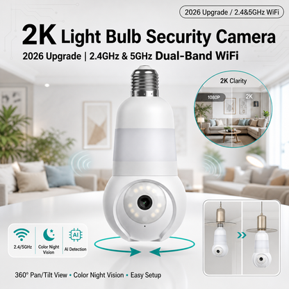 PKNEW® | Luna Light Bulb Security Cam -2K 2.4GHz/5GHz WiFi, Indoor Outdoor Surveillance Monitoring Camera for Home, 360° Pan/Tilt, Color Night Vision, Built-In LED & Spotlight, Easy Installation (2026 Upgrade)