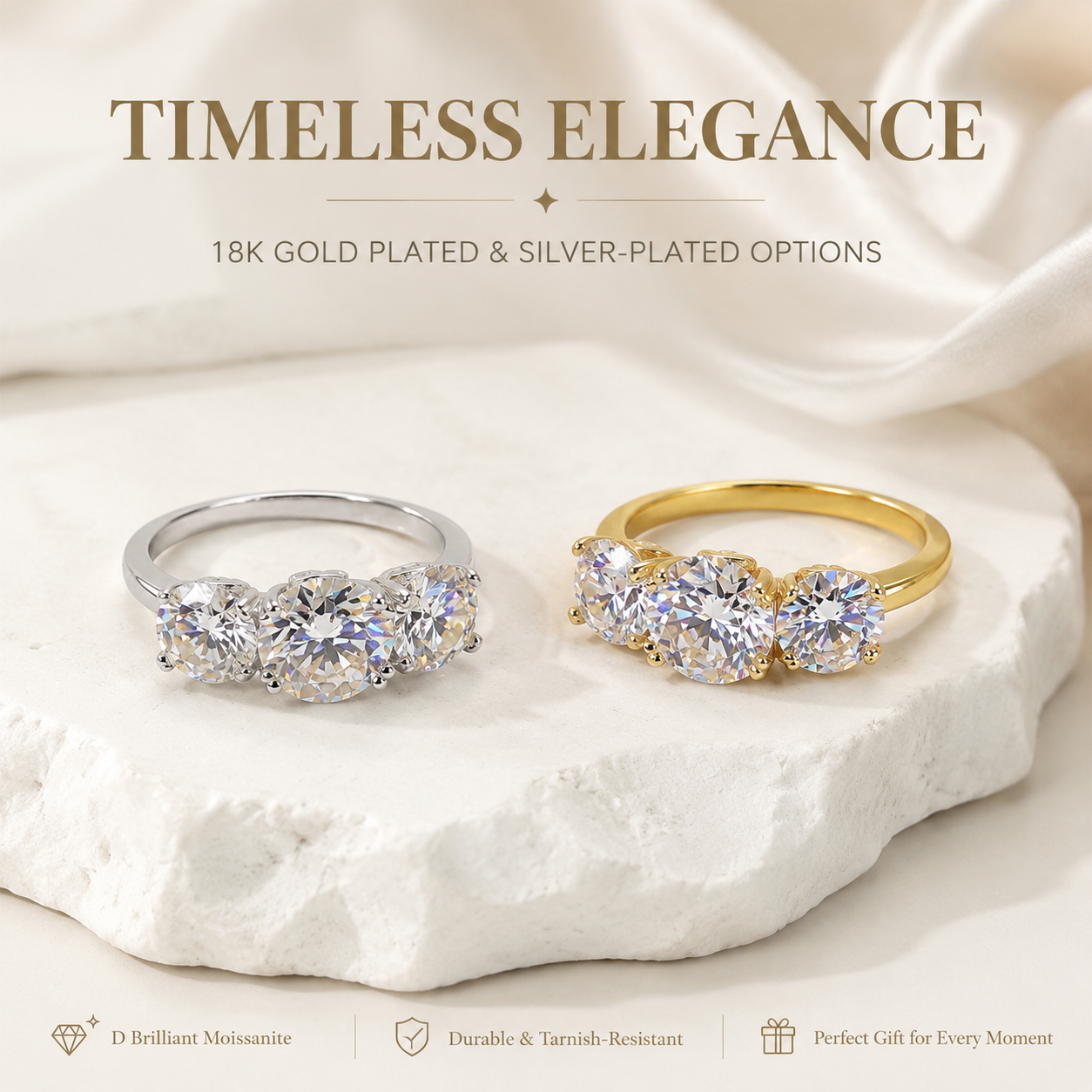 🔥18K Gold Plated Waterproof 1ct-5ctMoissanite Three Stone Prong EngagementRing Silver-Plated Band Jewelry PerfectBirthday Engagement Wedding AnniversaryGift Christmas Thanksgiving Valentine's Day