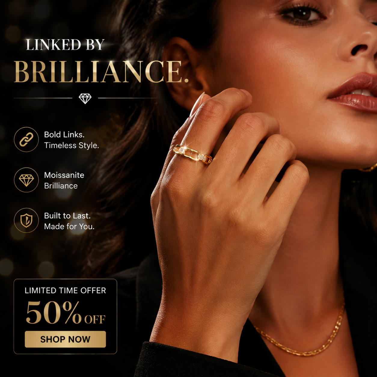 14K Gold Plated Moissanite Waterproof Unisex Chained Ring Silver-PlatedJewelry Perfect Birthday Engagement WeddingAnniversary Gift for Men Women💍🔥