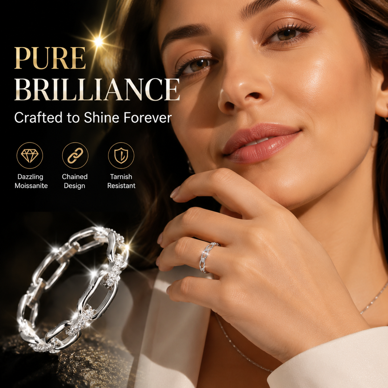 14K Gold Plated Moissanite Waterproof Unisex Chained Ring Silver-PlatedJewelry Perfect Birthday Engagement WeddingAnniversary Gift for Men Women💍🔥