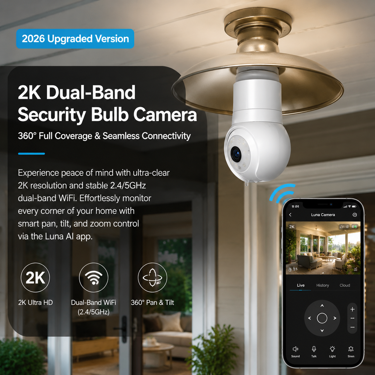 PKNEW® | Luna Light Bulb Security Cam -2K 2.4GHz/5GHz WiFi, Indoor Outdoor Surveillance Monitoring Camera for Home, 360° Pan/Tilt, Color Night Vision, Built-In LED & Spotlight, Easy Installation (2026 Upgrade)