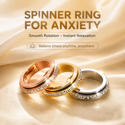 LAST DAY 50% OFF🥇Glowche Anxiety Ring - Titanium Steel Spinner Fidget Band Rings with Cubic Zirconia, Designed to Relieve Anxiety