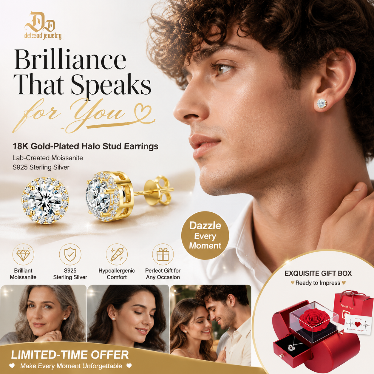 💎 18k Gold-Plated Halo Stud EarringsLab-Created Moissanite Earring S925 SterlingSilver Moissanite Jewelry Perfect BirthdayMother's Day Christmas Gift for Men WomenWedding Set