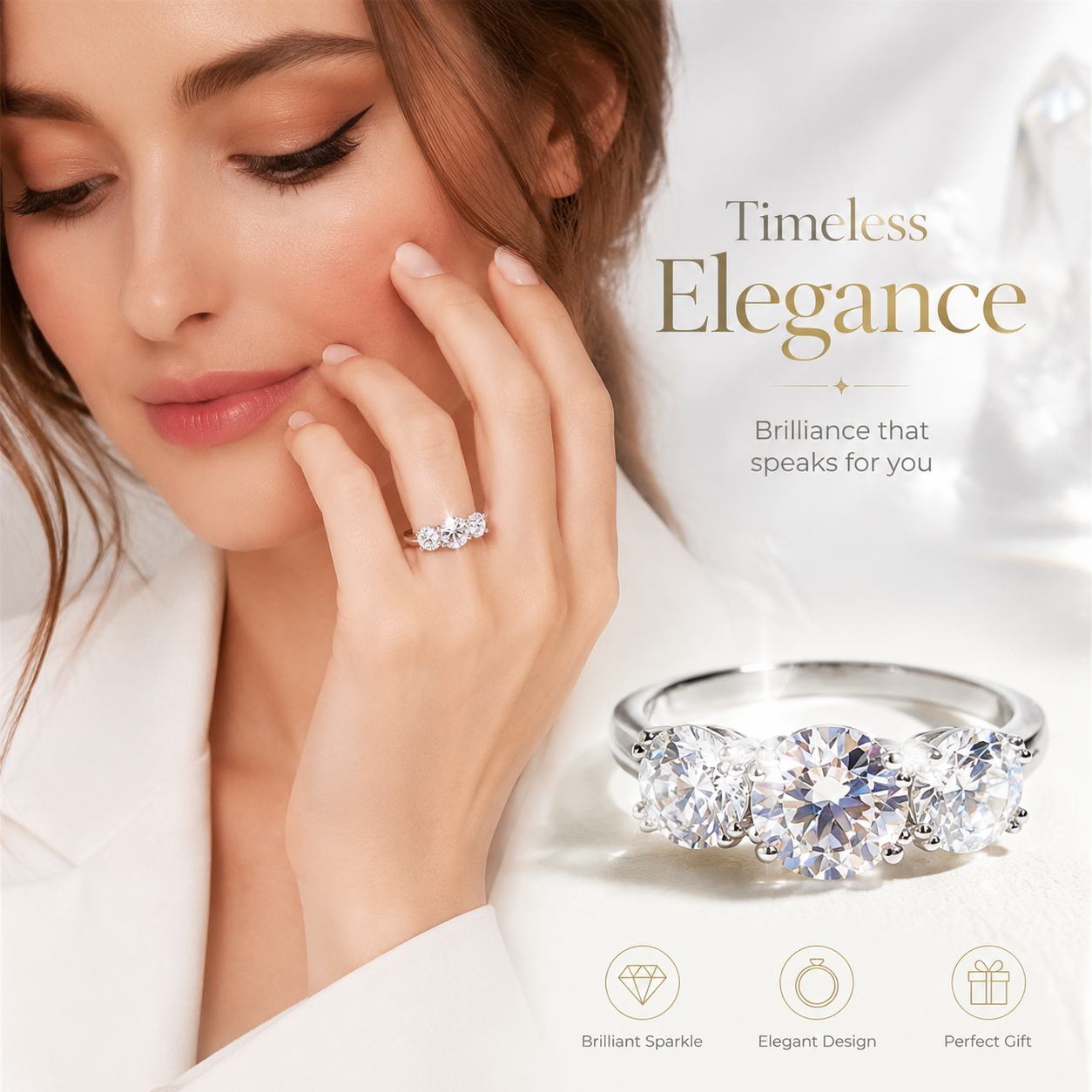 🔥18K Gold Plated Waterproof 1ct-5ctMoissanite Three Stone Prong EngagementRing Silver-Plated Band Jewelry PerfectBirthday Engagement Wedding AnniversaryGift Christmas Thanksgiving Valentine's Day