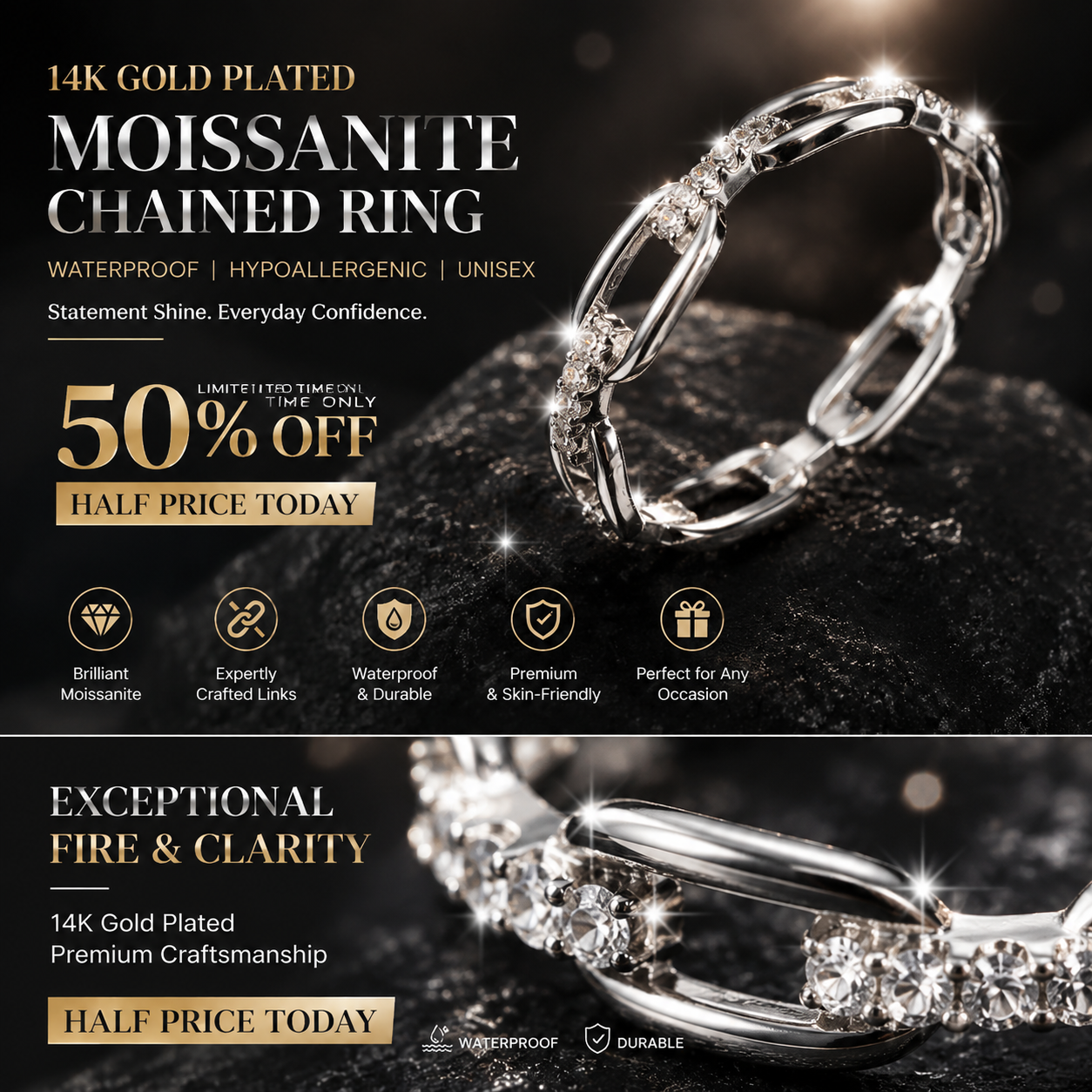 14K Gold Plated Moissanite Waterproof Unisex Chained Ring Silver-PlatedJewelry Perfect Birthday Engagement WeddingAnniversary Gift for Men Women💍🔥