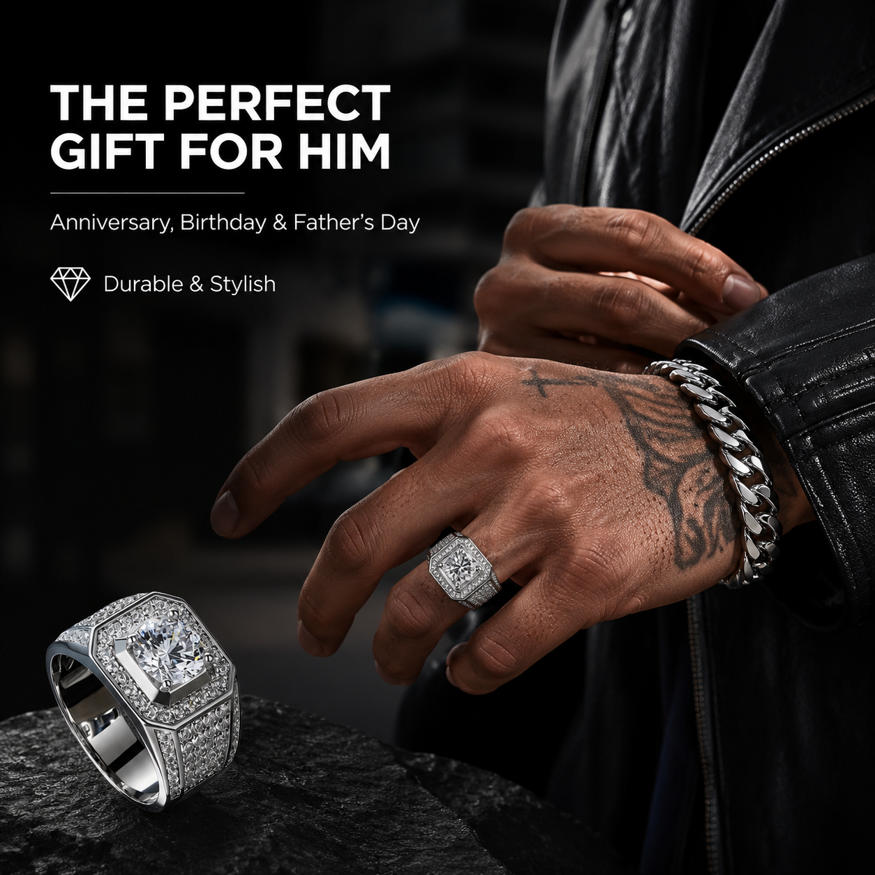 💎Moissanite Rings for Men 18KWhite Gold Plated Men's Ring Lab-CreatedAnniversary Birthday Fathers Day Gift for DadHim
