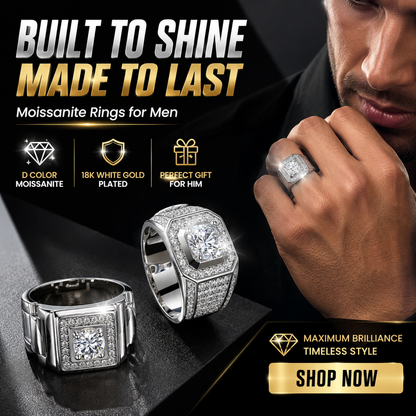 💎Moissanite Rings for Men 18KWhite Gold Plated Men's Ring Lab-CreatedAnniversary Birthday Fathers Day Gift for DadHim