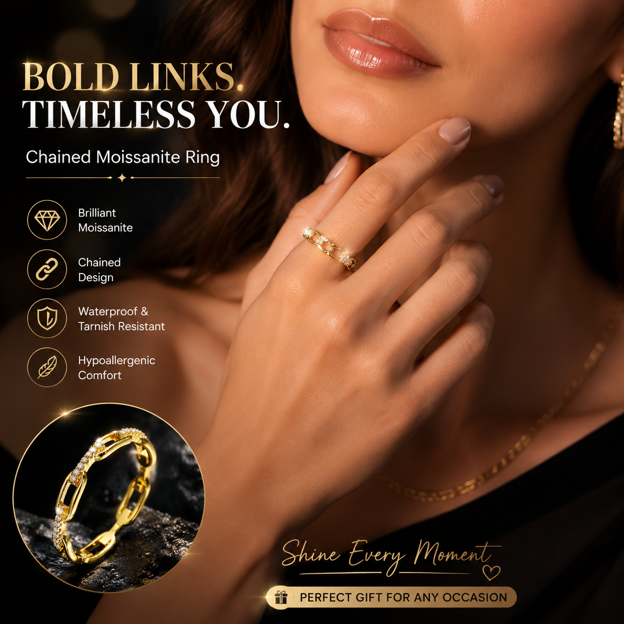 14K Gold Plated Moissanite Waterproof Unisex Chained Ring Silver-PlatedJewelry Perfect Birthday Engagement WeddingAnniversary Gift for Men Women💍🔥