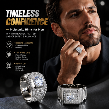 💎Moissanite Rings for Men 18KWhite Gold Plated Men's Ring Lab-CreatedAnniversary Birthday Fathers Day Gift for DadHim