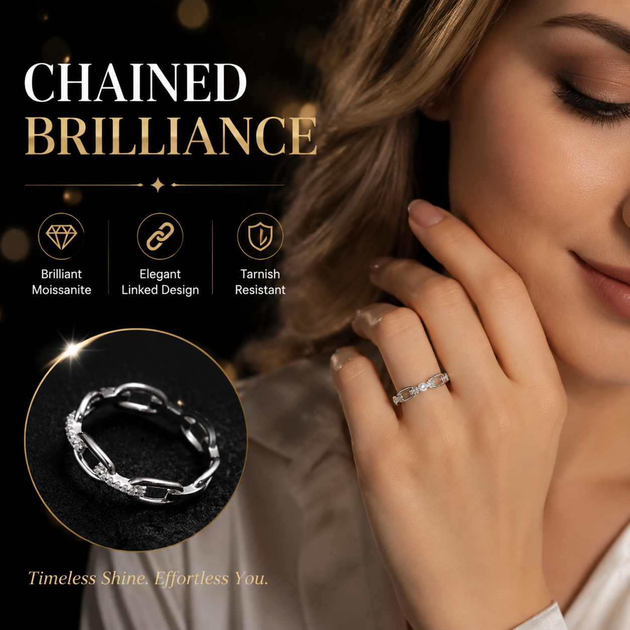 14K Gold Plated Moissanite Waterproof Unisex Chained Ring Silver-PlatedJewelry Perfect Birthday Engagement WeddingAnniversary Gift for Men Women💍🔥