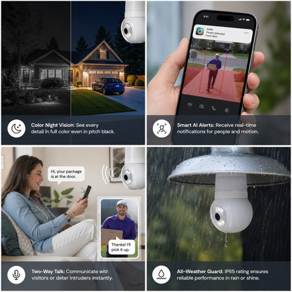 PKNEW® | Luna Light Bulb Security Cam -2K 2.4GHz/5GHz WiFi, Indoor Outdoor Surveillance Monitoring Camera for Home, 360° Pan/Tilt, Color Night Vision, Built-In LED & Spotlight, Easy Installation (2026 Upgrade)